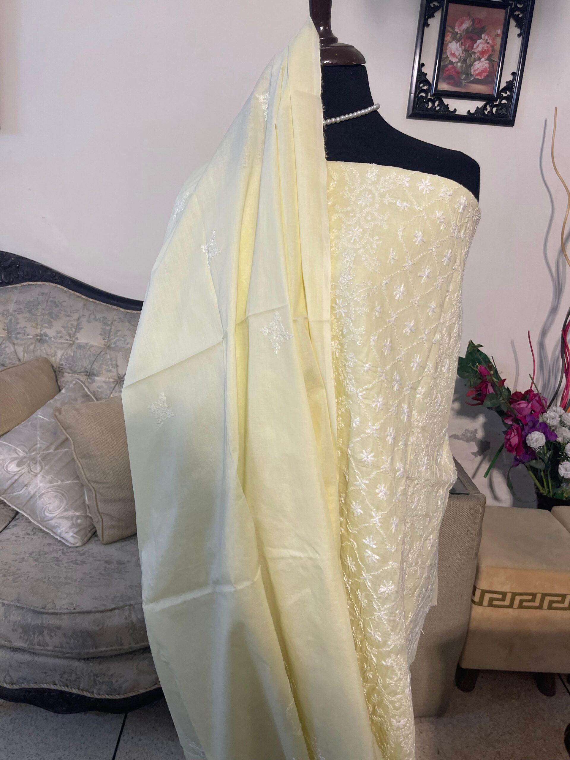 Pastel Lemon Yellow Hand Embroidered Chikankari Lawn 2-Piece Unstitched Suit for Women | Premium Lawn Collection - Image 2