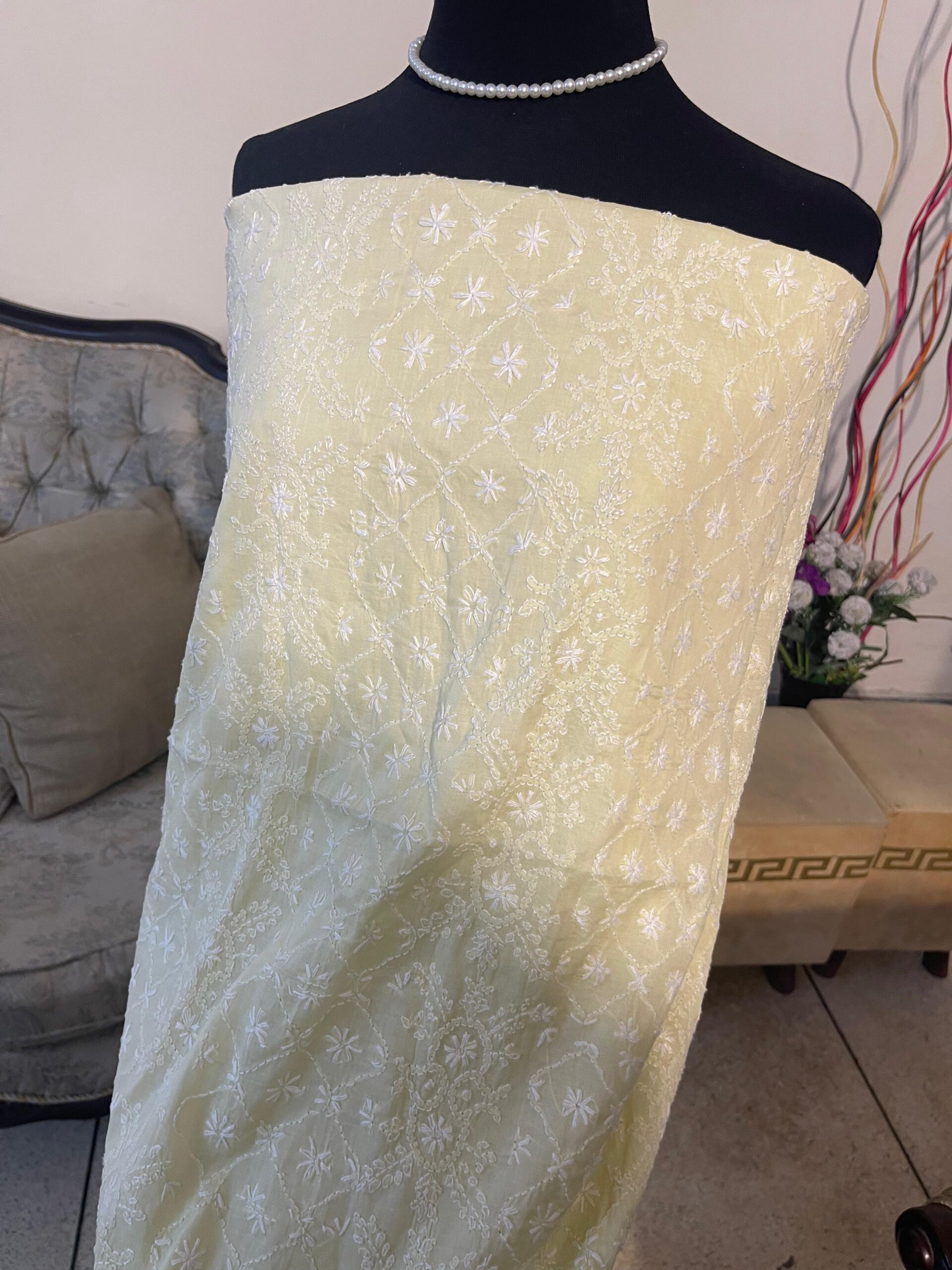 Pastel Lemon Yellow Hand Embroidered Chikankari Lawn 2-Piece Unstitched Suit for Women | Premium Lawn Collection - Image 3