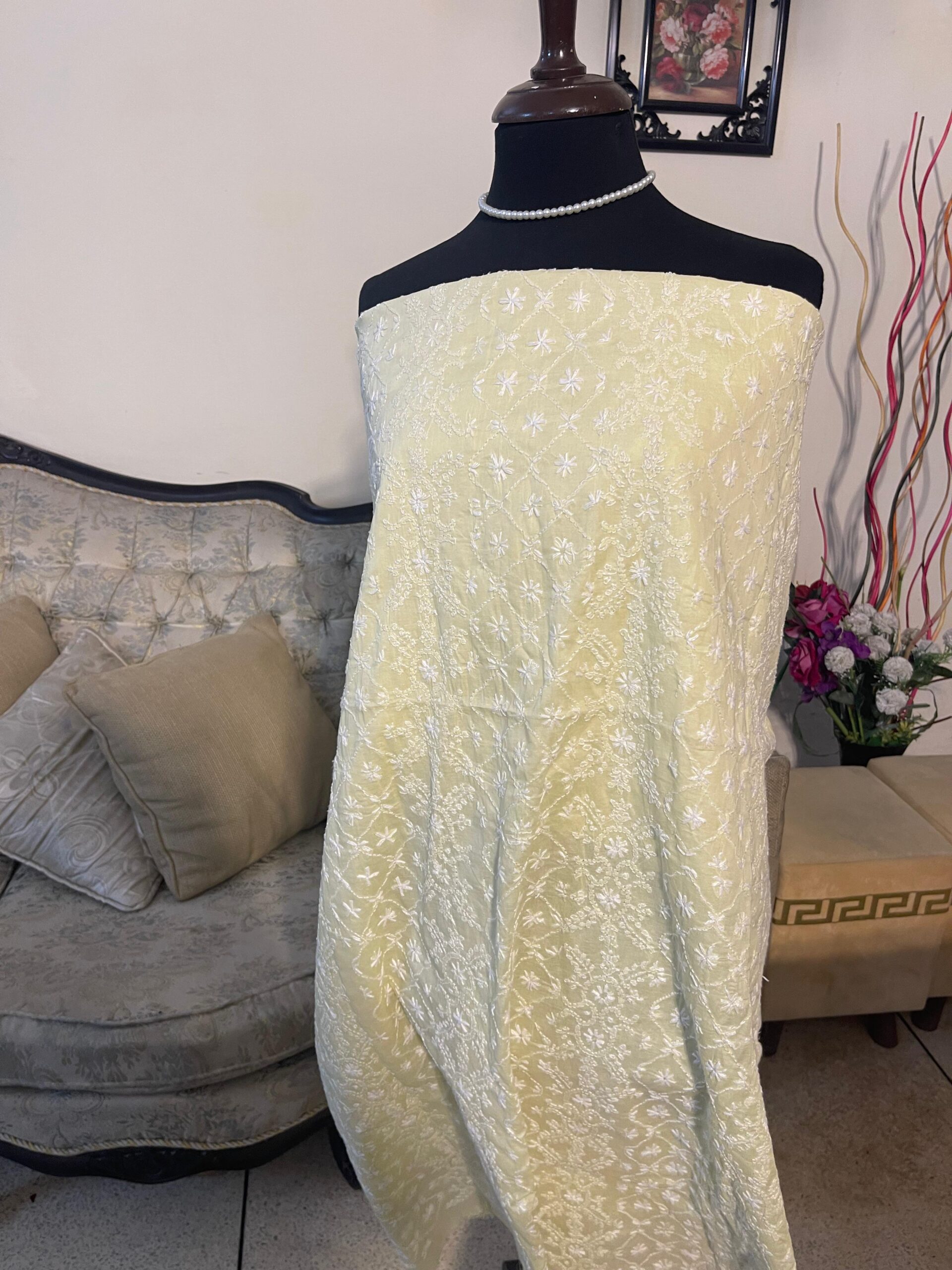 Pastel Lemon Yellow Hand Embroidered Chikankari Lawn 2-Piece Unstitched Suit for Women | Premium Lawn Collection - Image 6