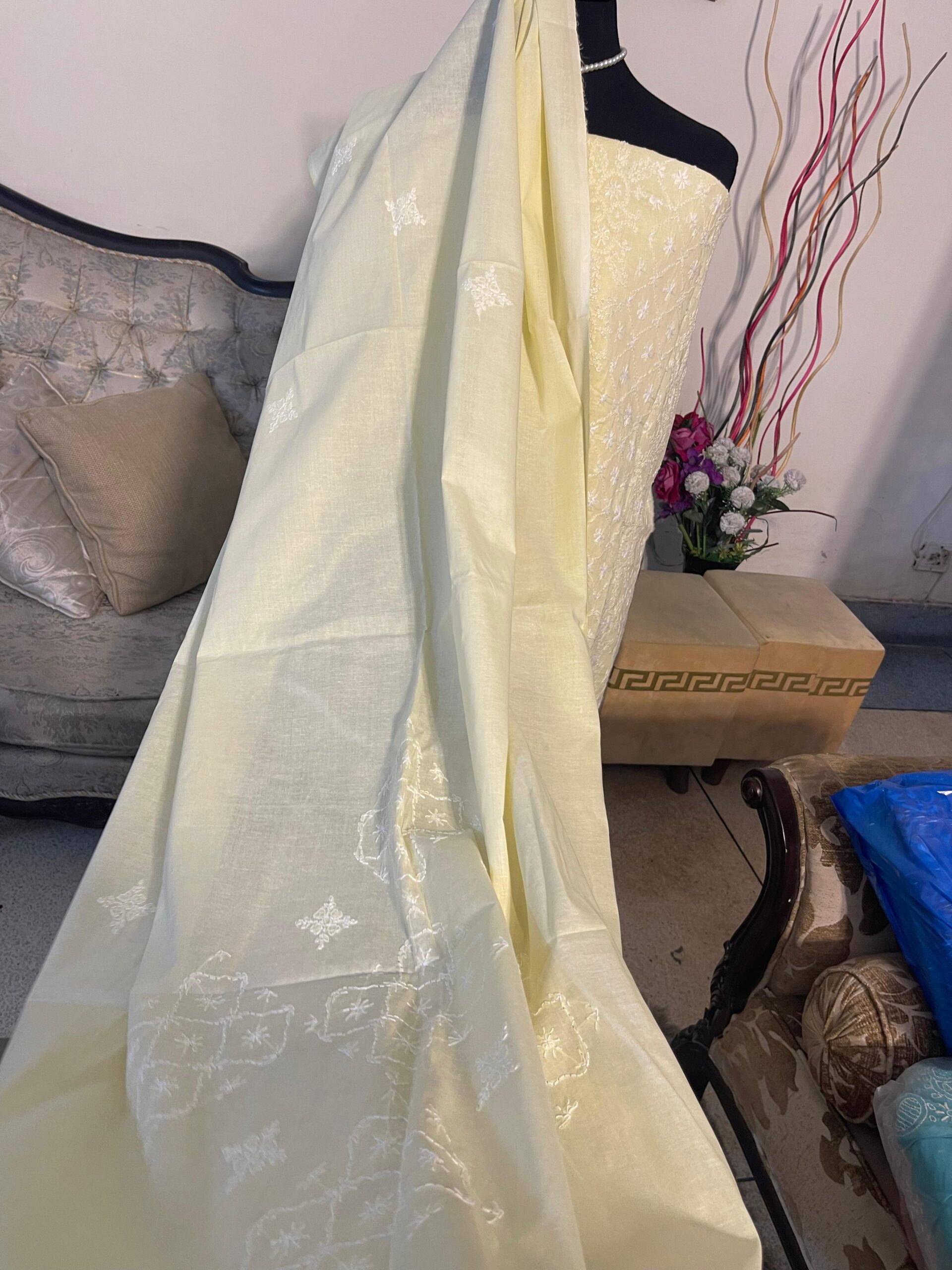 Pastel Lemon Yellow Hand Embroidered Chikankari Lawn 2-Piece Unstitched Suit for Women | Premium Lawn Collection - Image 7