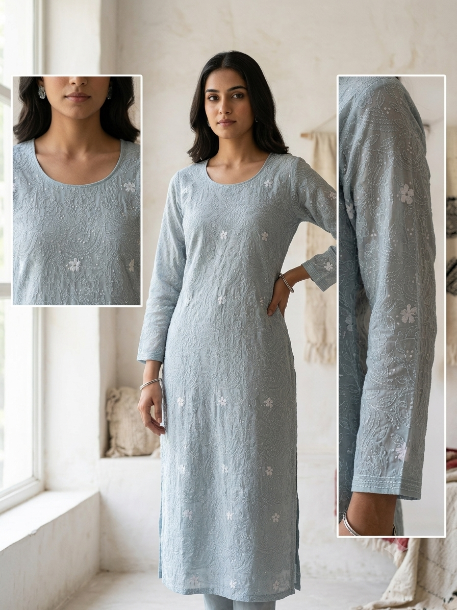 Handmade Embroidered Ice Blue Lawn Kurta for Women | Premium Chikankari Style Summer Unstitched Shirt - Image 2