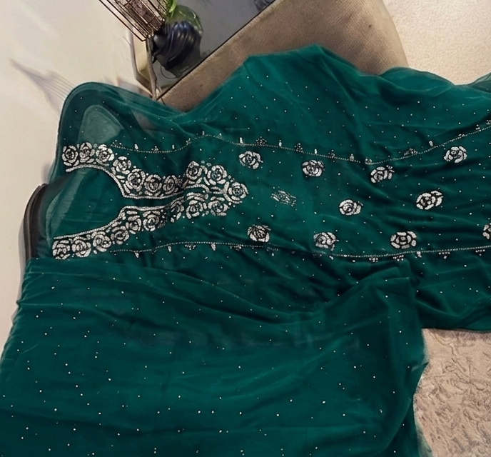Teal Green Mukesh Kamdani Shaffon Suit with Hand Embellishment | Kaar-e-Nakh - Image 2