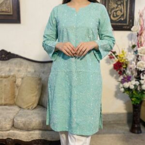 Sea Green Handmade Chikankari Lawn Kurta for Women | Premium Embroidered Summer Lawn Shirt