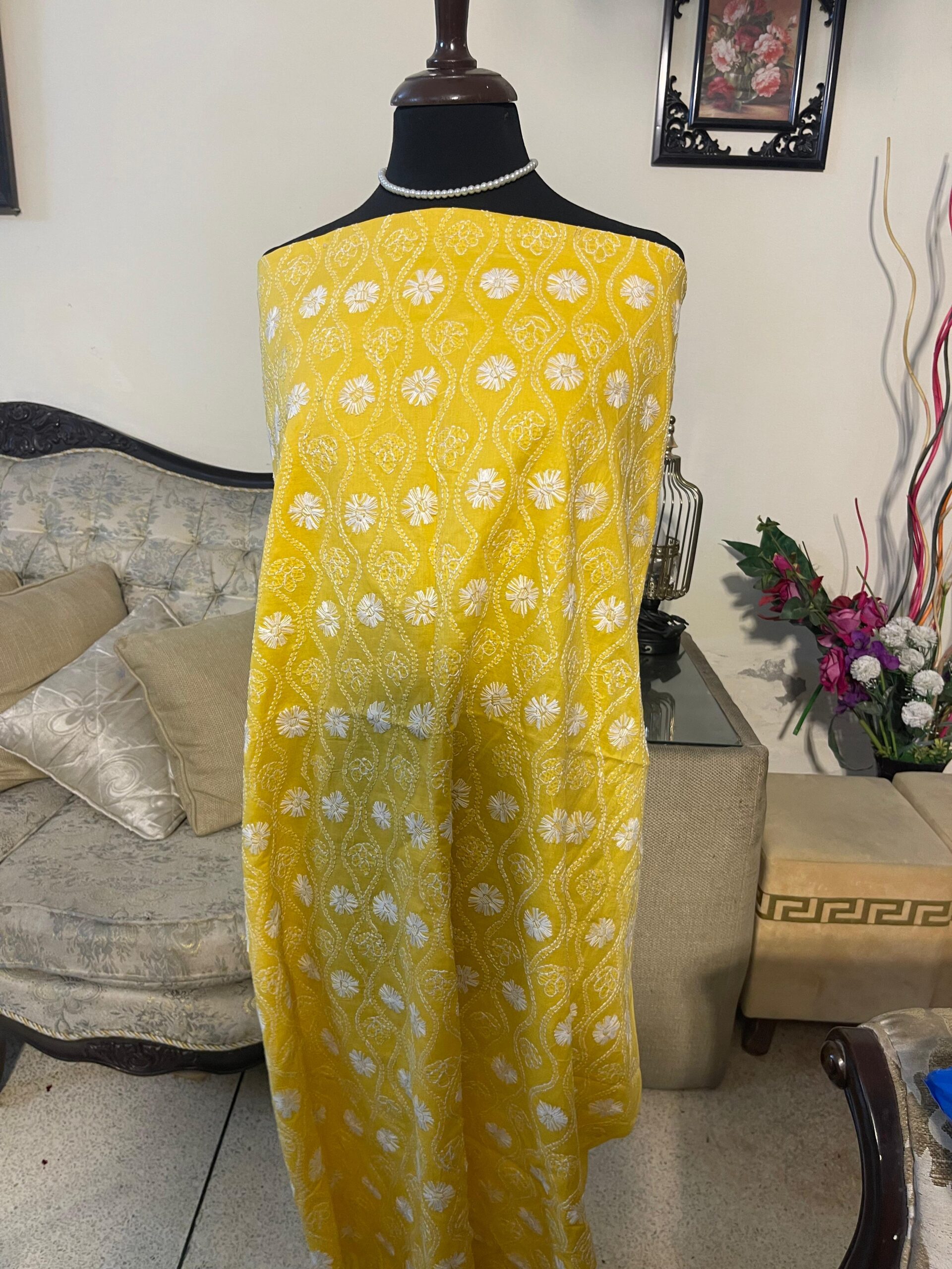Sunflower Yellow Handmade Chikankari Shirt | Unstitched Pure Lawn Fabric - Image 3