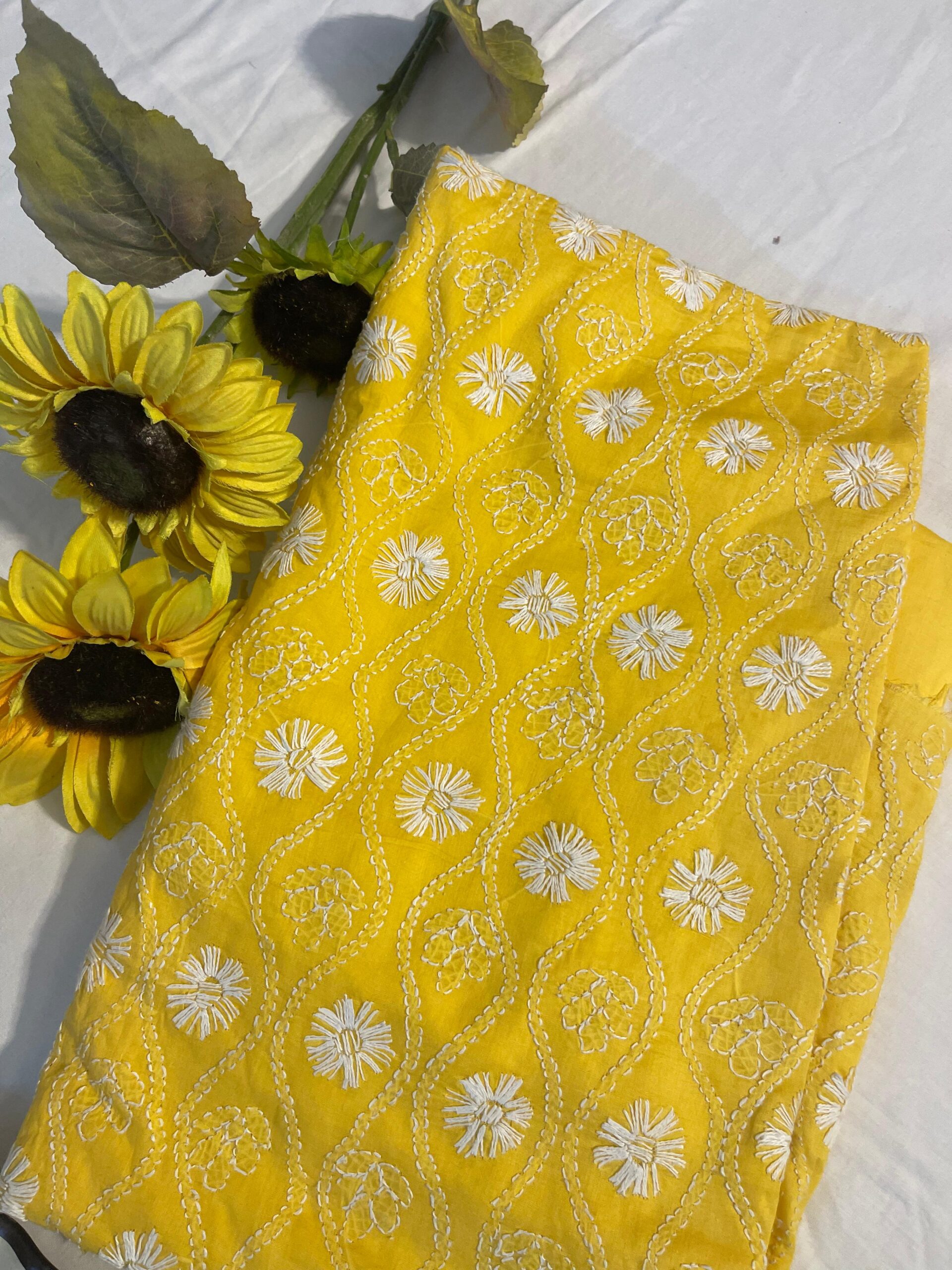 Sunflower Yellow Handmade Chikankari Shirt | Unstitched Pure Lawn Fabric - Image 4