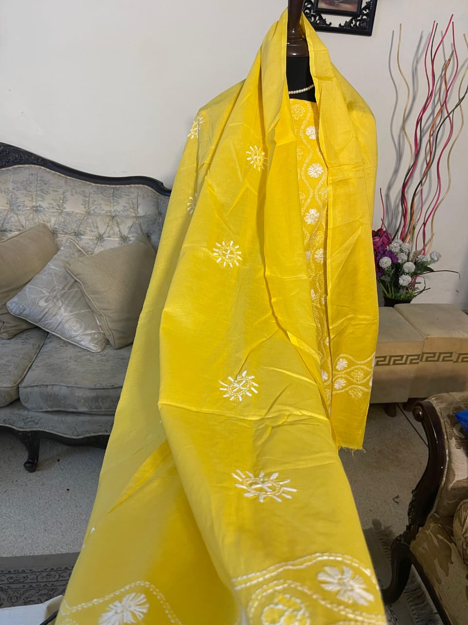 Sunflower Yellow Handmade Chikankari Shirt | Unstitched Pure Lawn Fabric - Image 5