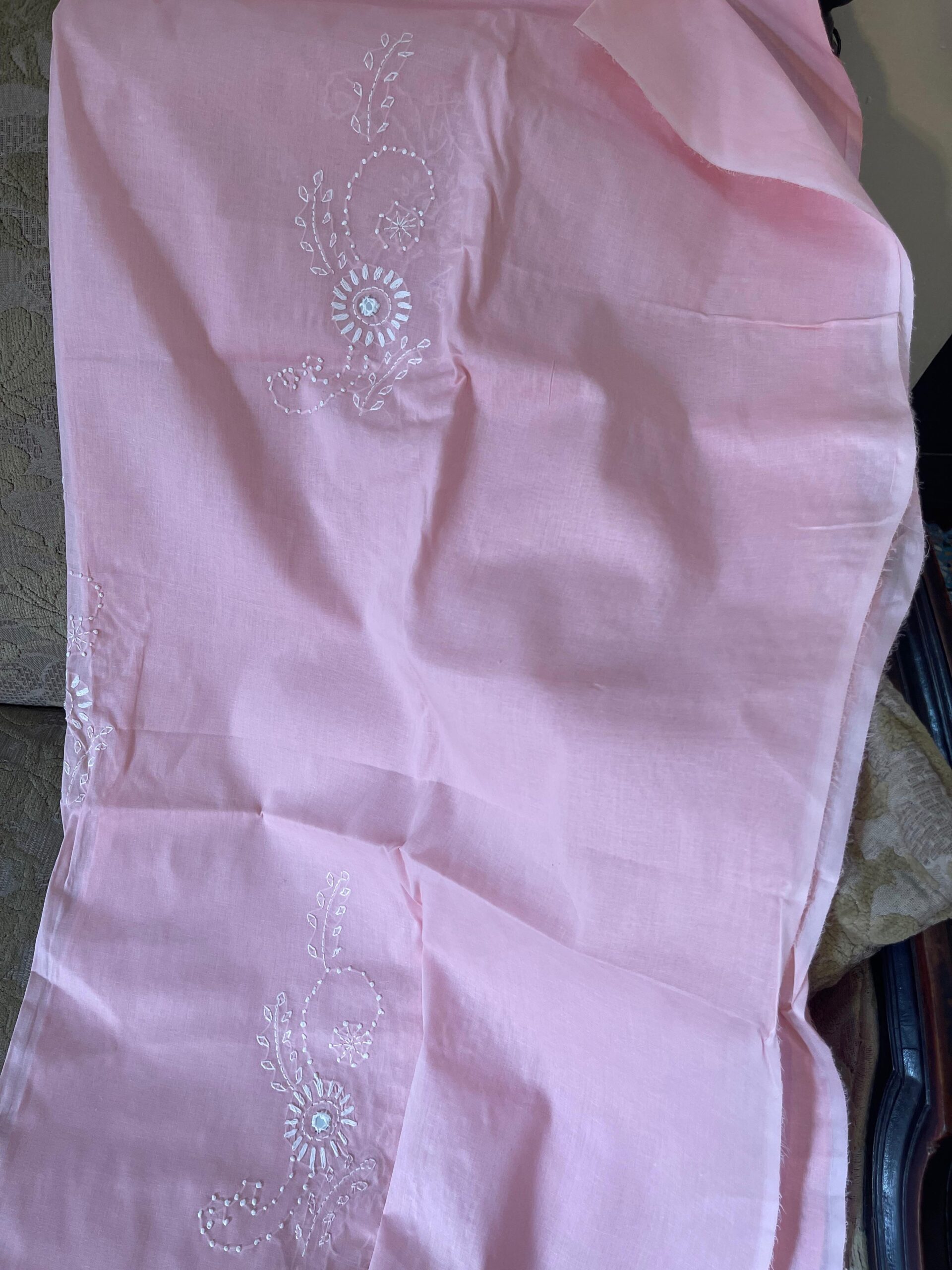 Powder Pink Handmade Embroidered Lawn Suit with Dupatta | 2 Piece Unstitched Lawn Dress for Women - Image 4