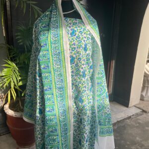 Handmade Blue & Green Paisley Vine Block Printed Pure Lawn 2 Piece Unstitched Suit with Brochia Dupatta