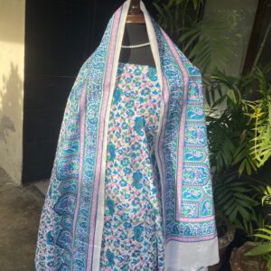 Handmade Azure Paisley Blossom Block Printed Pure Lawn 2 Piece Unstitched Suit with Brochia Dupatta