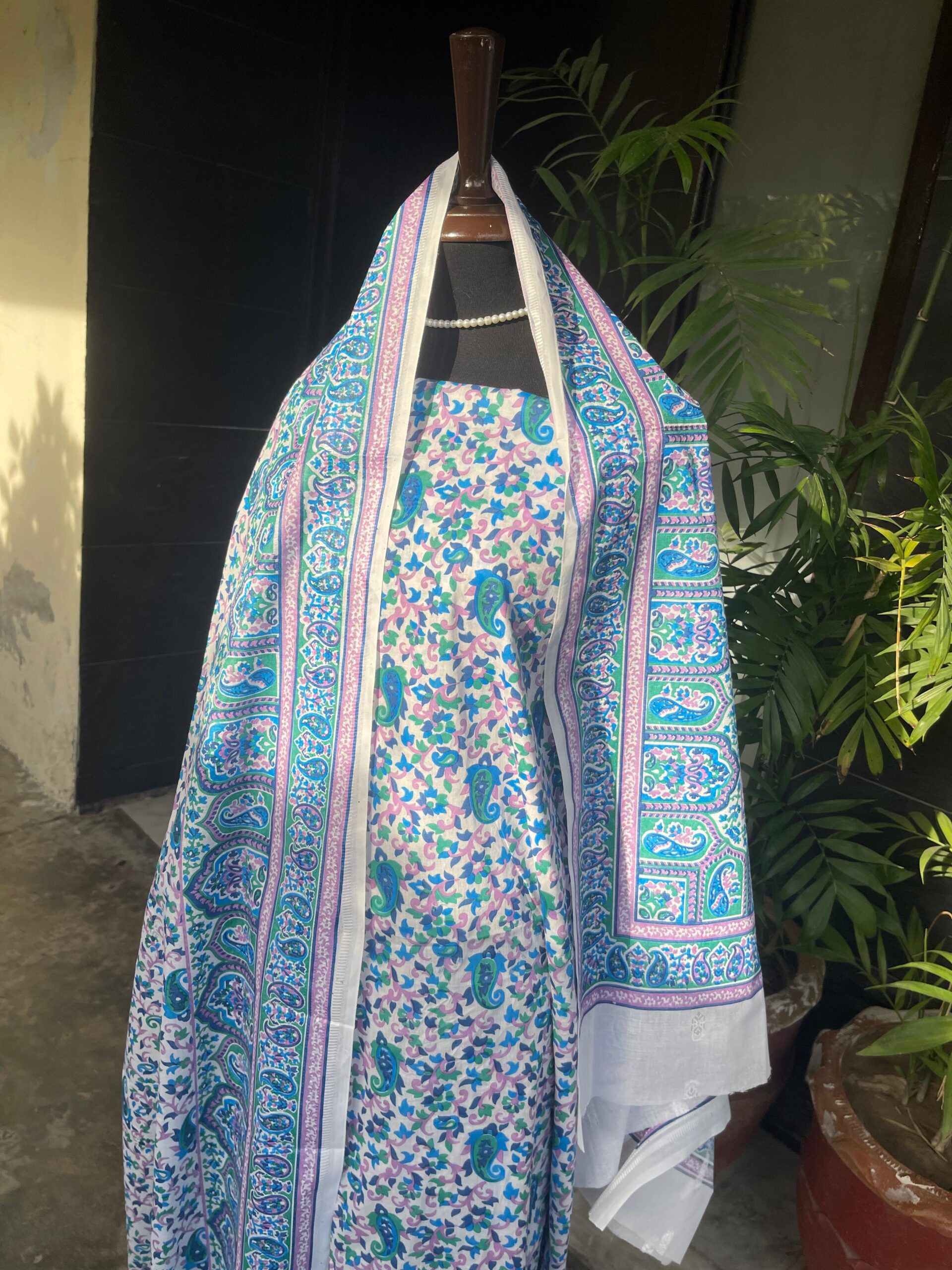 Handmade Azure Paisley Blossom Block Printed Pure Lawn 2 Piece Unstitched Suit with Brochia Dupatta