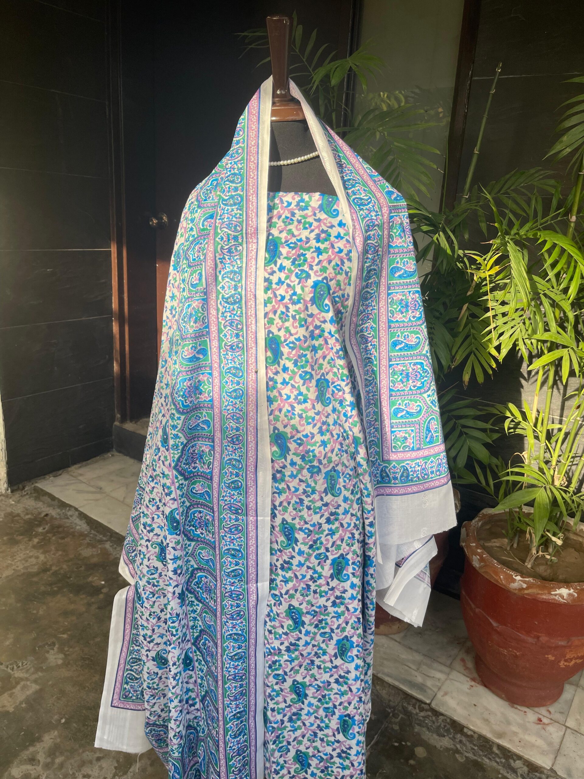 Handmade Azure Paisley Blossom Block Printed Pure Lawn 2 Piece Unstitched Suit with Brochia Dupatta - Image 3