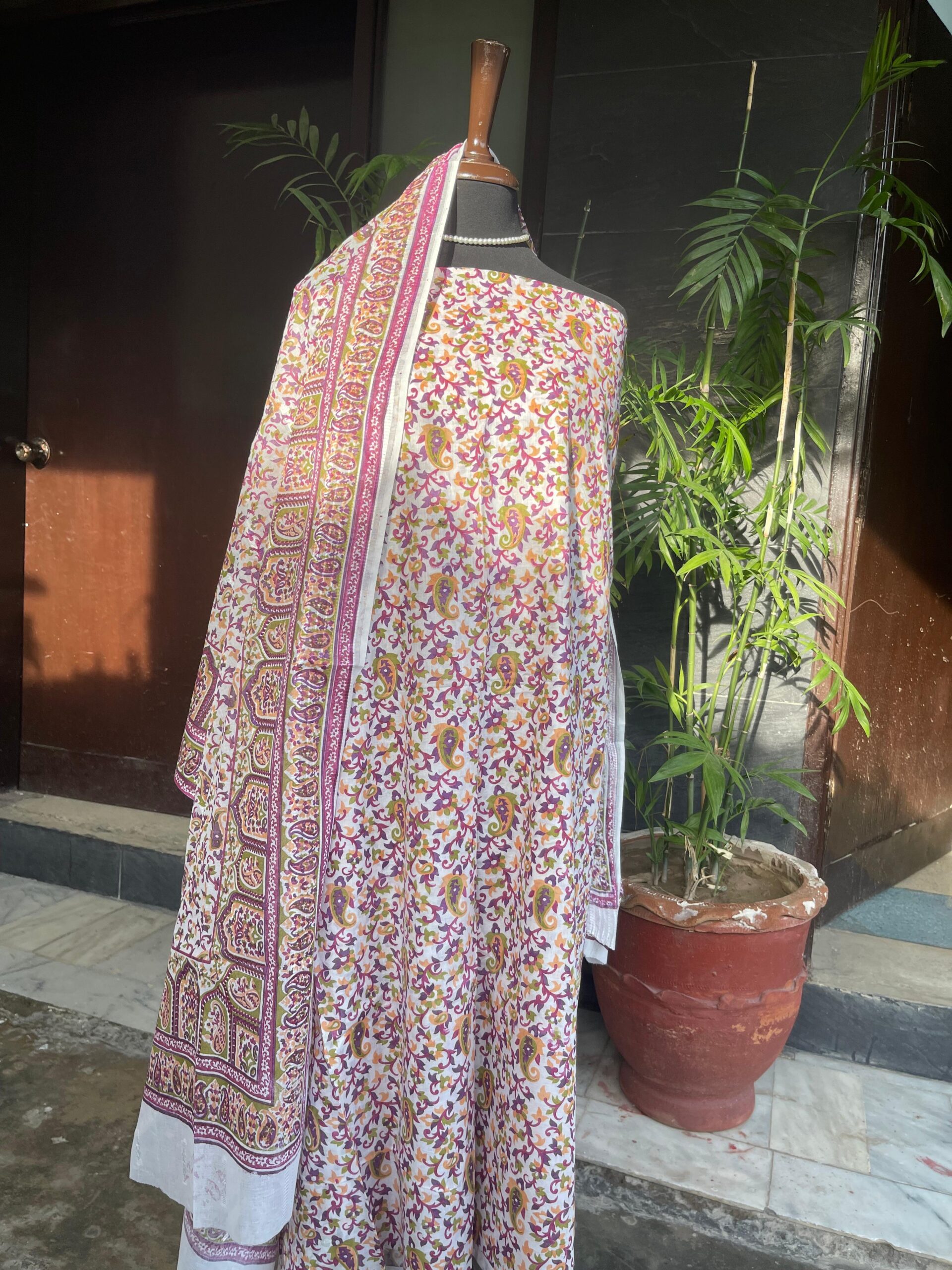 Handmade Multi Block Printed Pure Lawn 2 Piece Unstitched Suit with Brochia Dupatta | Floral & Paisley Hand Block Print | Summer Collection - Image 2