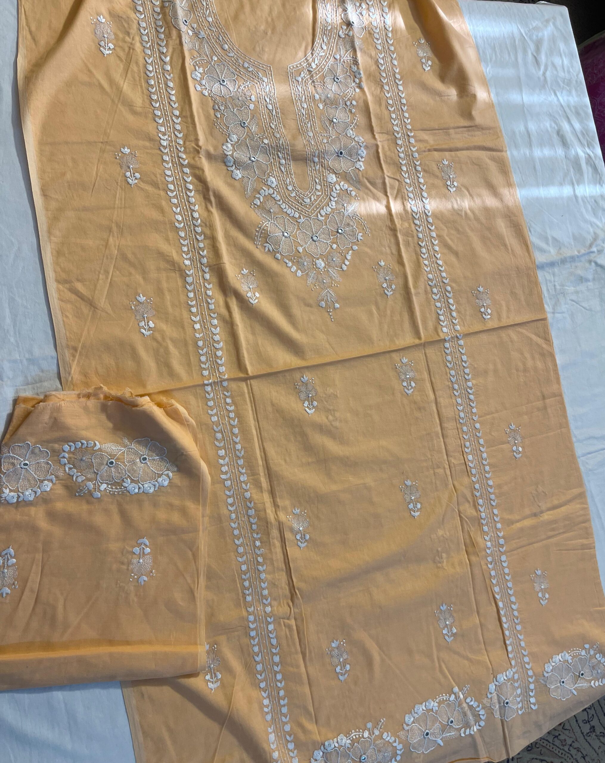 Peach Handmade Kacha Tanka Embroidered Unstitched Lawn Shirt | Premium Women's Summer Kurta Fabric - Image 3