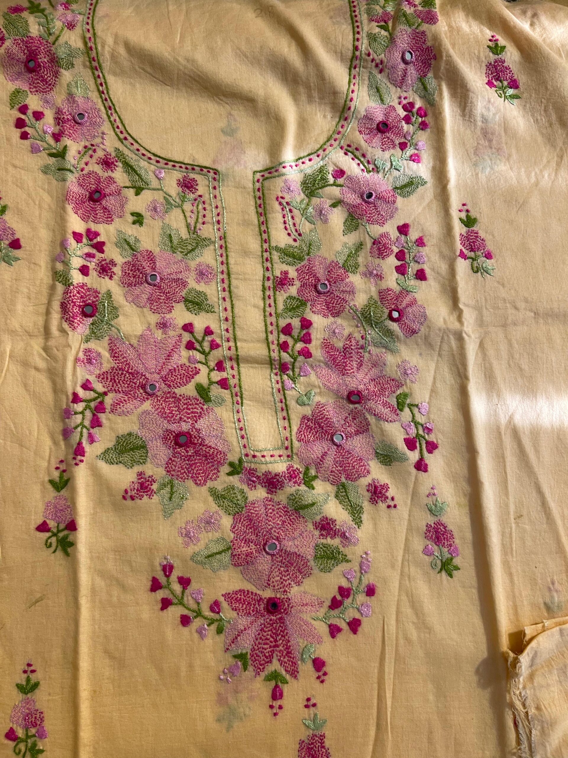 Soft Peach Handmade Kacha Tanka Embroidered Unstitched Lawn Shirt | Premium Women's Summer Kurta Fabric - Image 3