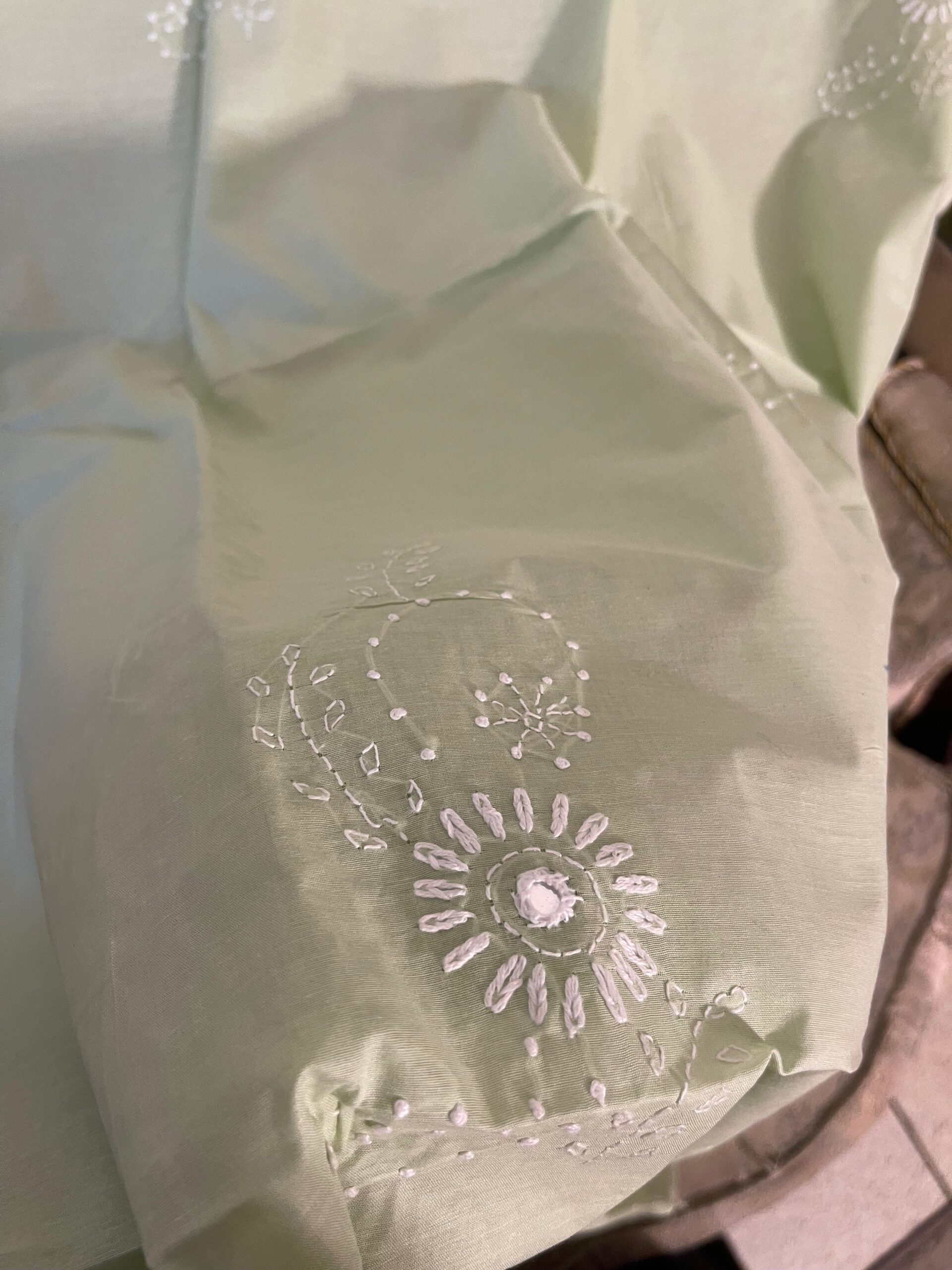 Pale Green Handmade Chikankari Lawn Suit with Dupatta | 2 Piece Unstitched Embroidered Lawn Dress for Women - Image 6