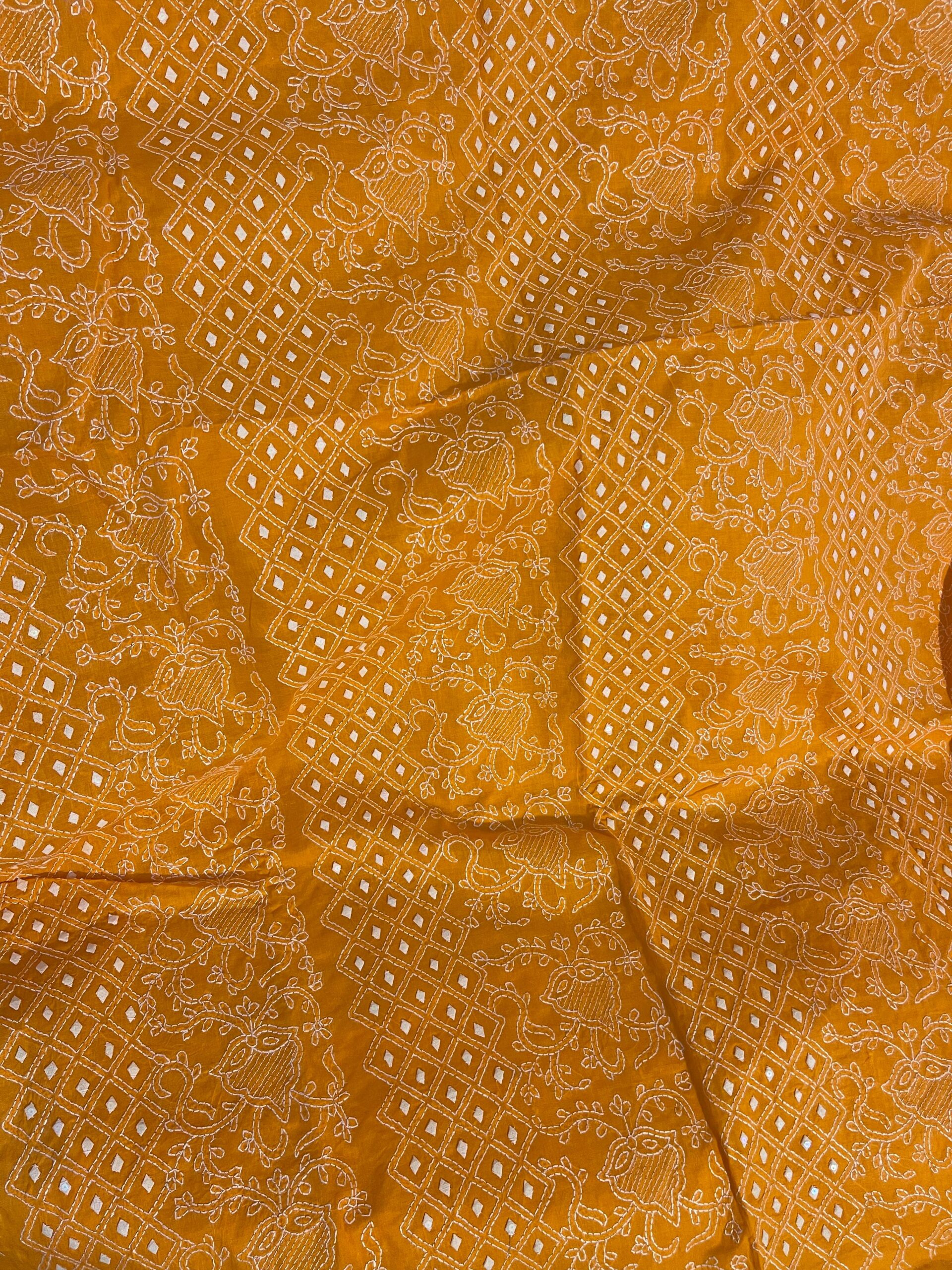 Vibrant Ochre Handmade Chikankari & Appliqué Work 2 Piece Unstitched Lawn Suit (Shirt & Dupatta) - Image 2