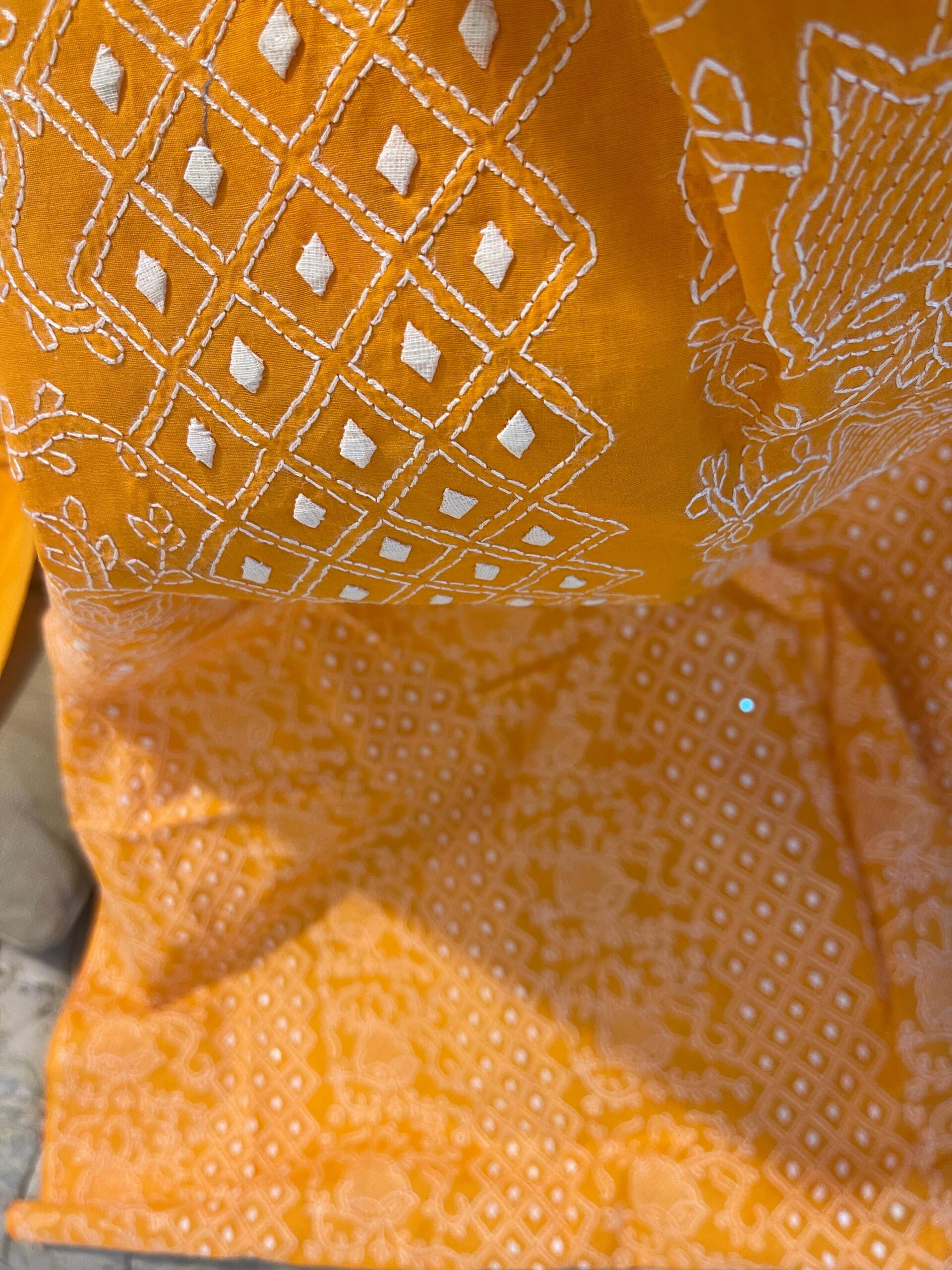 Vibrant Ochre Handmade Chikankari & Appliqué Work 2 Piece Unstitched Lawn Suit (Shirt & Dupatta) - Image 3