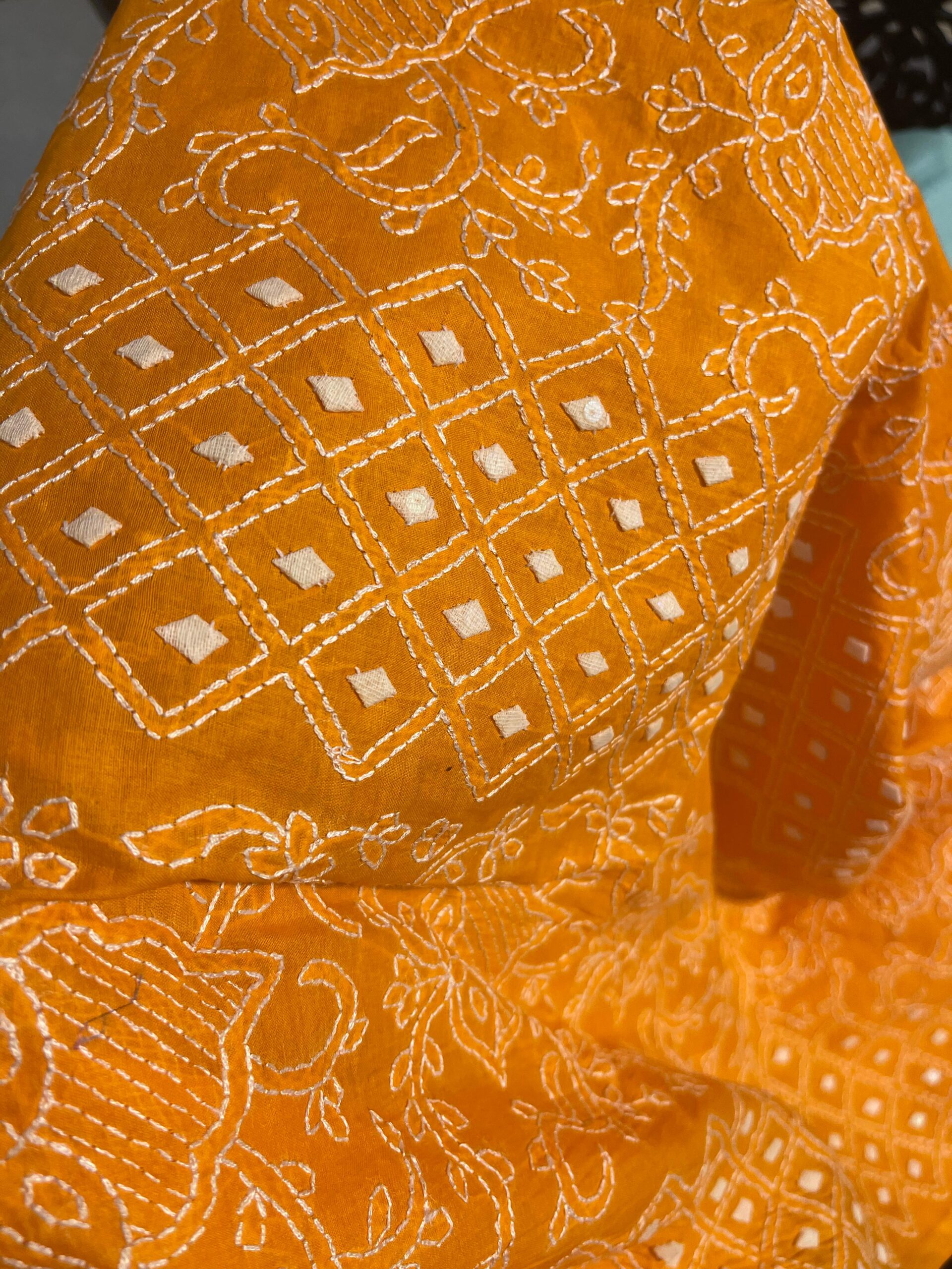 Vibrant Ochre Handmade Chikankari & Appliqué Work 2 Piece Unstitched Lawn Suit (Shirt & Dupatta) - Image 4