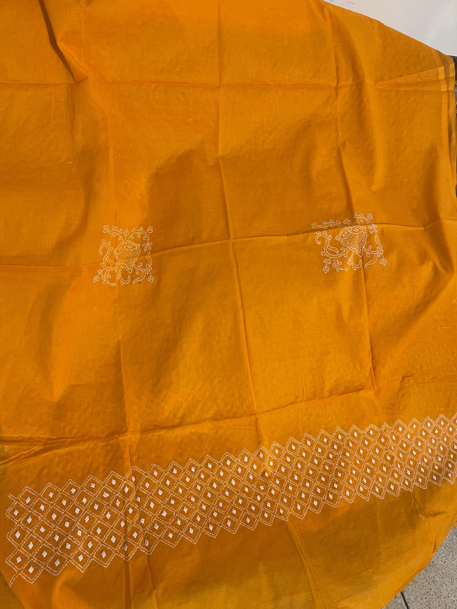 Vibrant Ochre Handmade Chikankari & Appliqué Work 2 Piece Unstitched Lawn Suit (Shirt & Dupatta) - Image 5