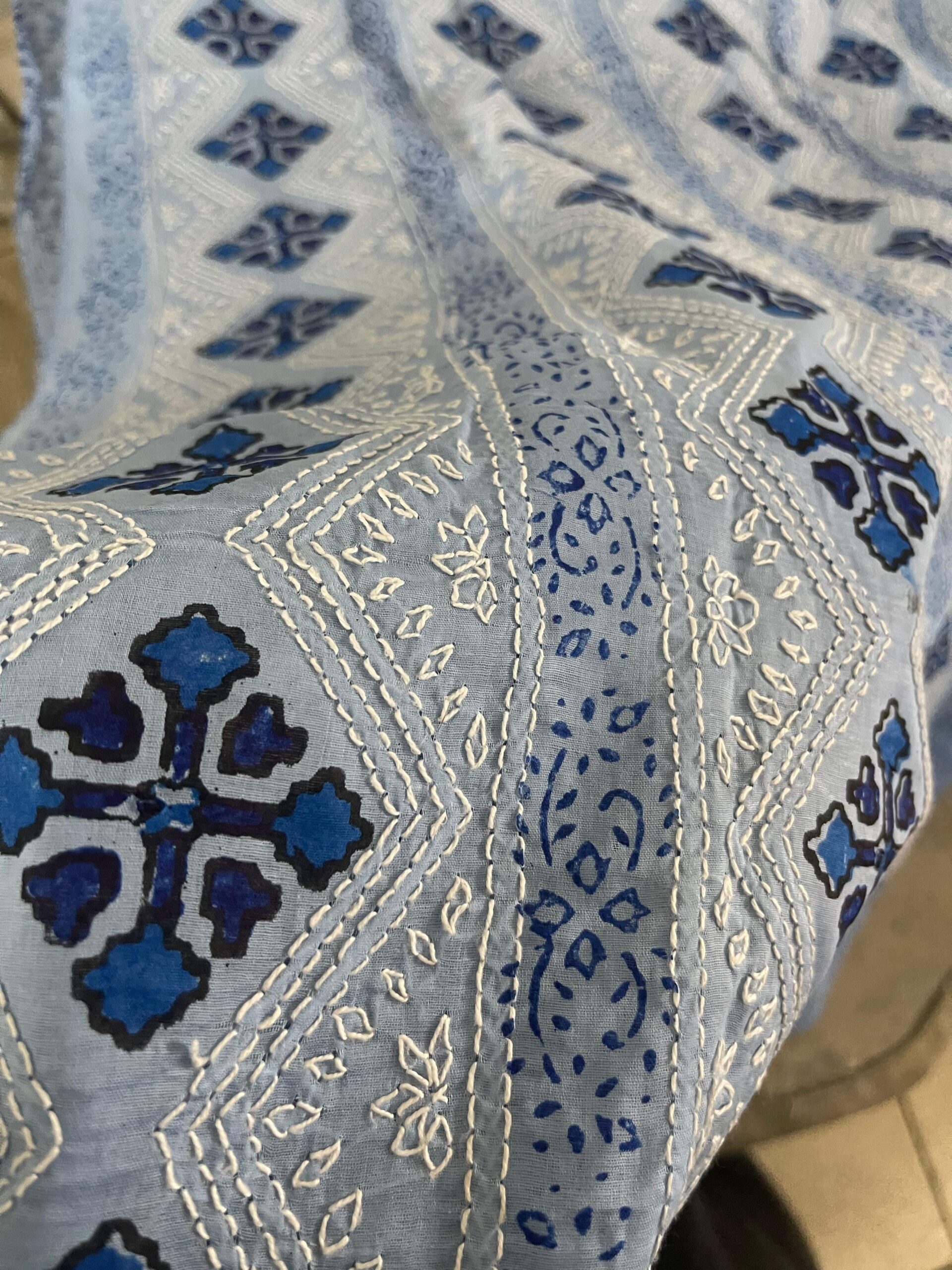 Sky Blue Handmade Block Printed Chikankari Kurta | Premium Pure Lawn Unstitched Shirt | Summer Collection - Image 5