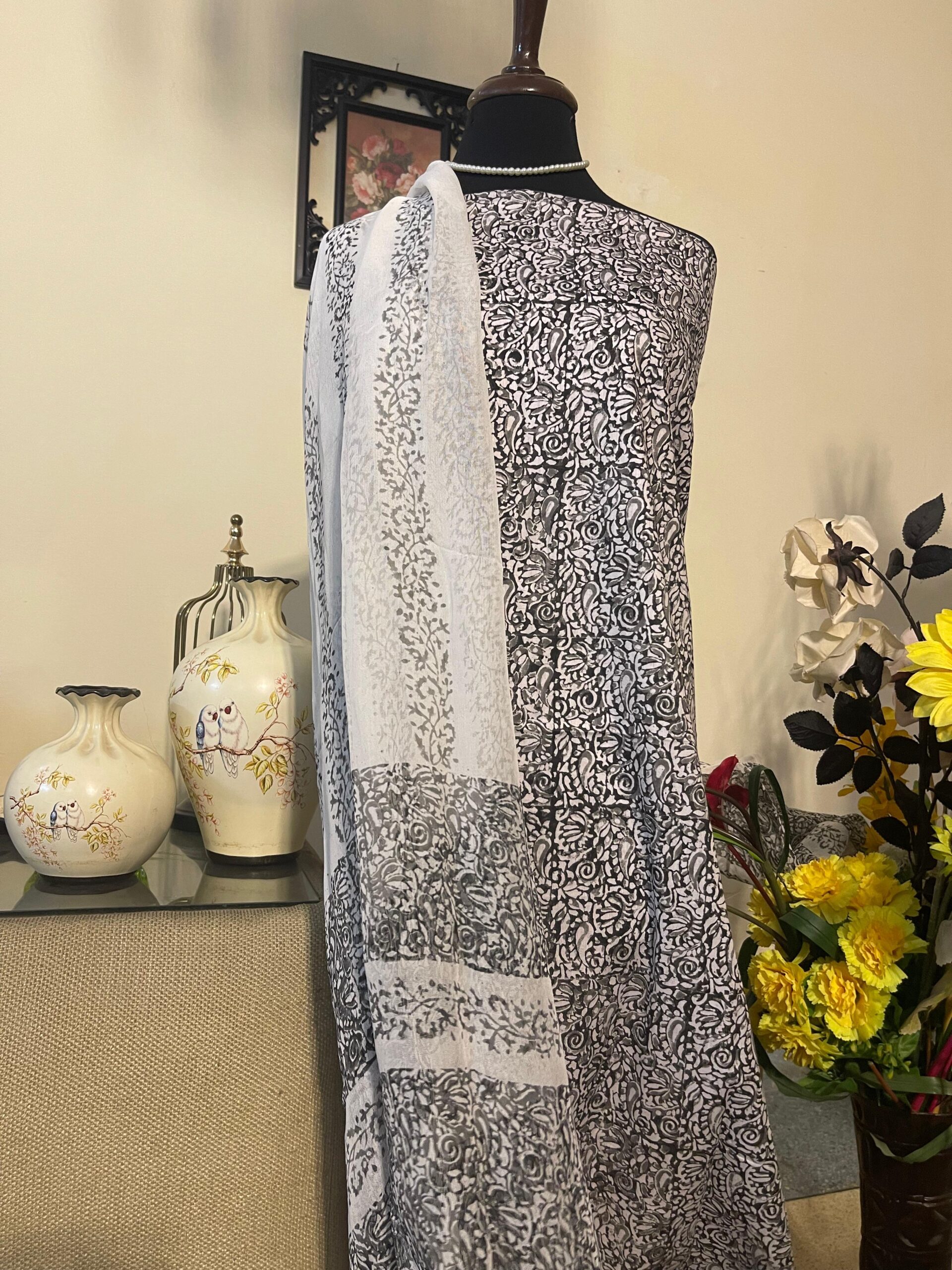 Black & White Block Printed Lawn Suit with Soft Chiffon Dupatta | Premium Unstitched 2 Piece - Image 4