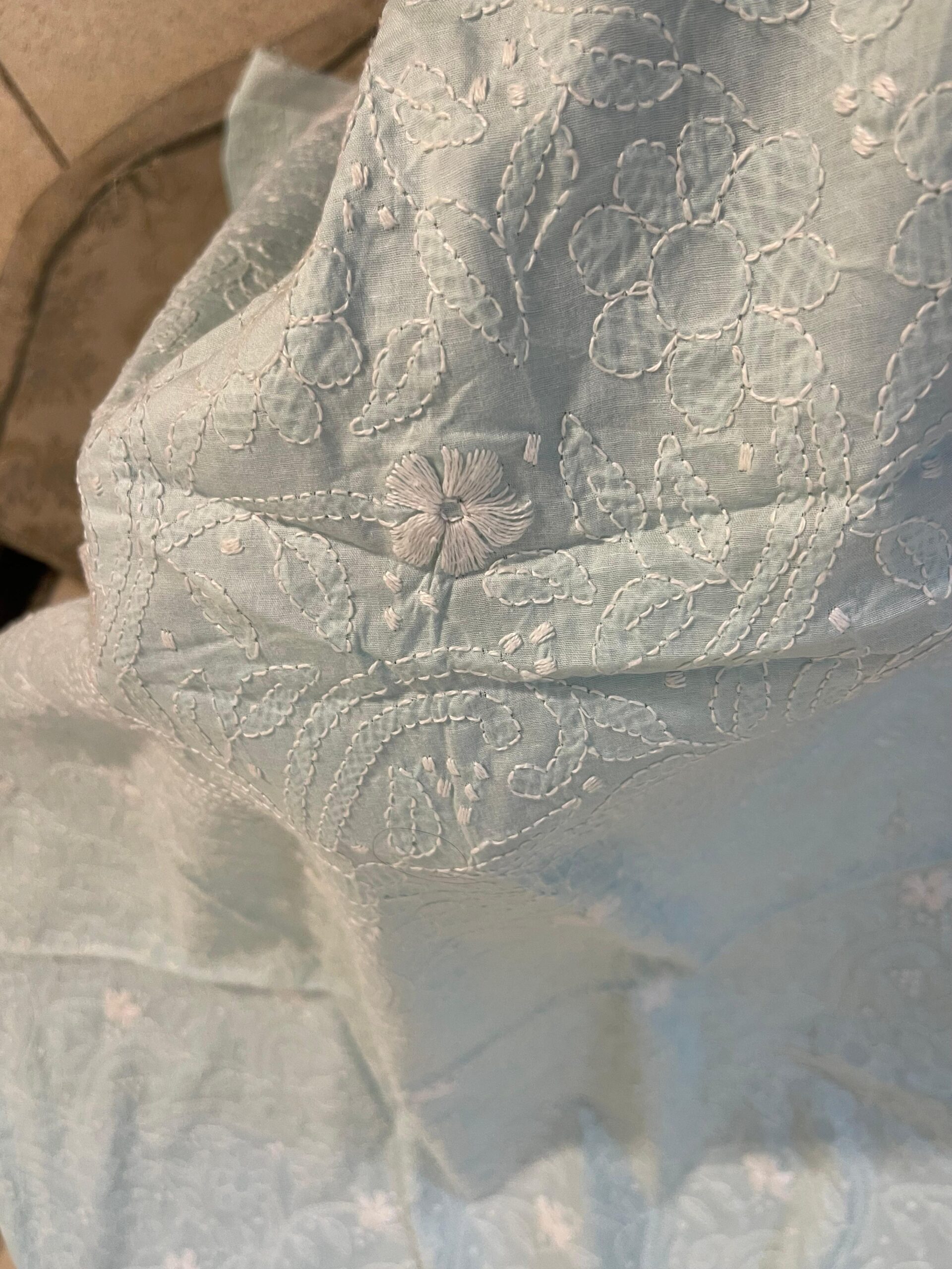 Handmade Embroidered Ice Blue Lawn Kurta for Women | Premium Chikankari Style Summer Unstitched Shirt - Image 3