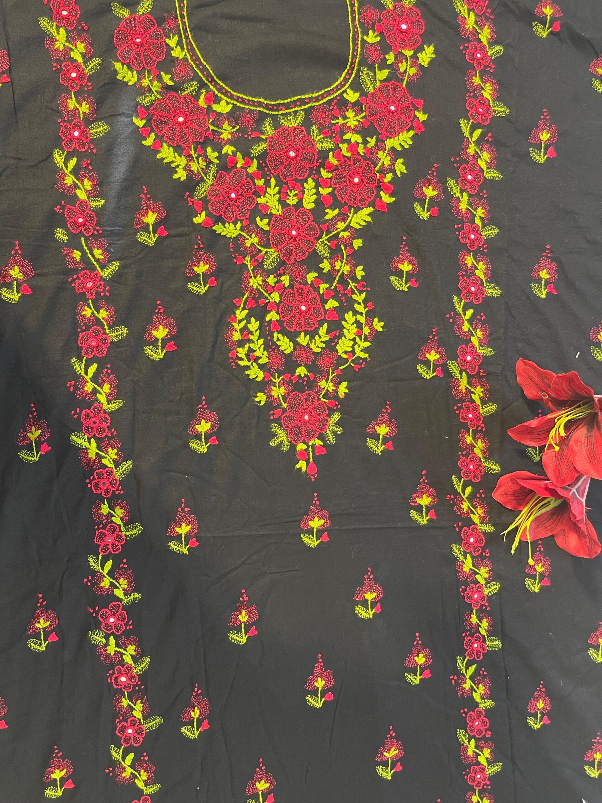 Black Handmade Kacha Tanka Embroidered Unstitched Lawn Shirt | Premium Women's Summer Kurta Fabric - Image 2