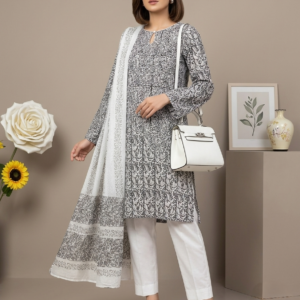 Black & White Block Printed Pure Lawn Shirt & Dupatta | Unstitched 2 Piece by Kaar-e-Nakh