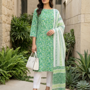 Green Block Printed Pure Lawn Shirt & Dupatta | Premium Unstitched 2 Piece Summer Suit