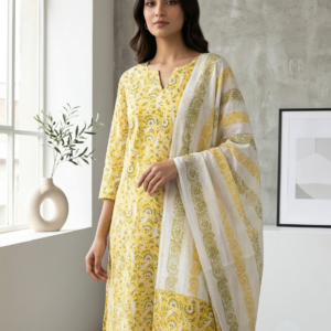 Mustard Yellow Block Printed Lawn Suit with Soft Chiffon Dupatta | Premium Unstitched 2 Piece