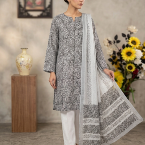Black & White Block Printed Lawn Suit with Soft Chiffon Dupatta | Premium Unstitched 2 Piece