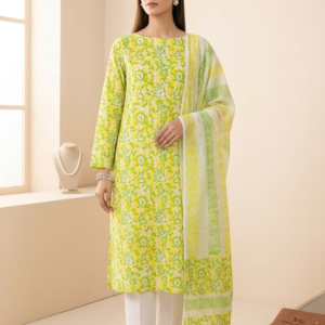 Lime Green Block Printed Lawn Suit with Soft Chiffon Dupatta | Premium Unstitched 2 Piece