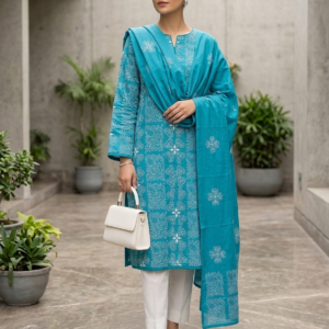 Peacock Blue Embroidered Lawn 2-Piece Unstitched Suit