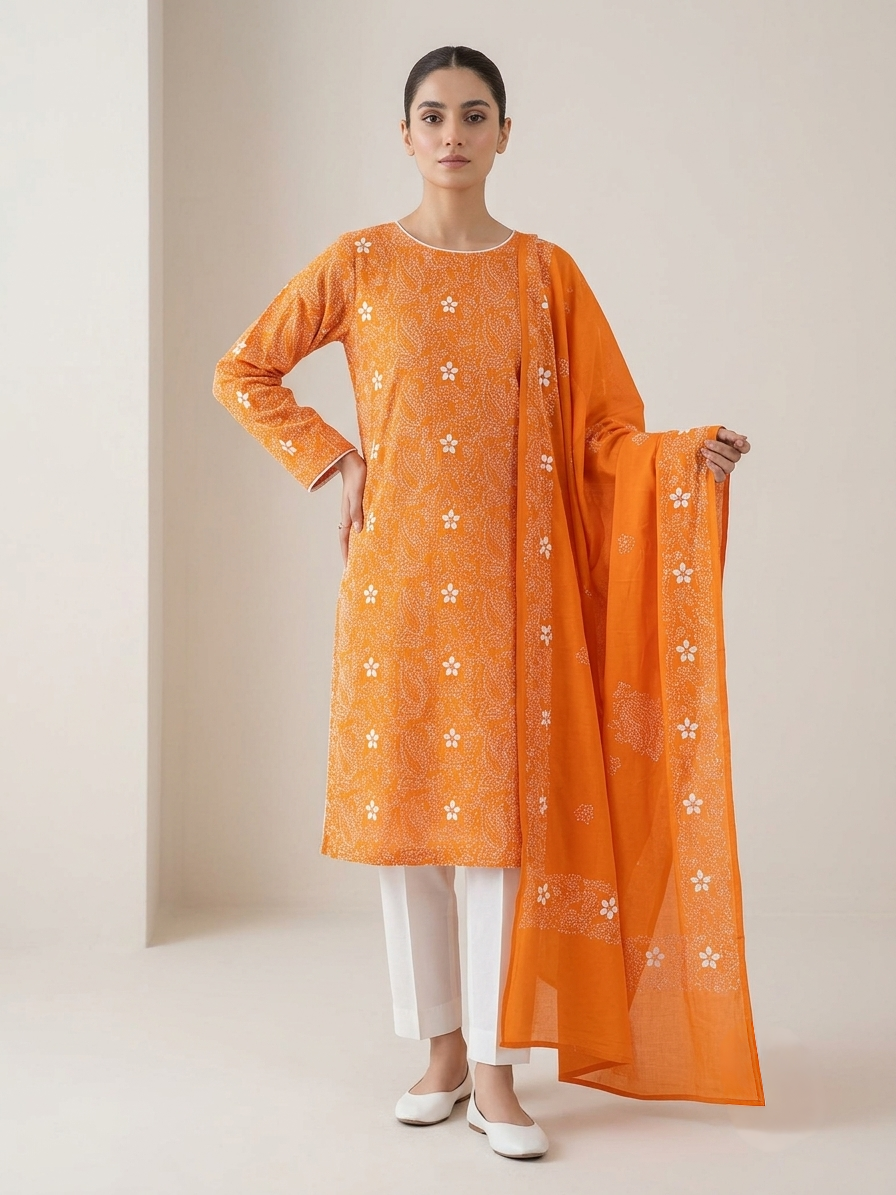 Mustard Orange Handmade Chikankari Shirt & Dupatta | Unstitched Pure Lawn Suit