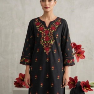 Black Handmade Kacha Tanka Embroidered Unstitched Lawn Shirt | Premium Women's Summer Kurta Fabric
