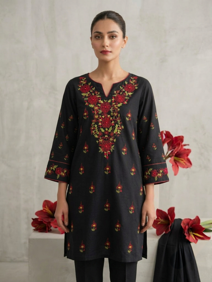 Black Handmade Kacha Tanka Embroidered Unstitched Lawn Shirt | Premium Women's Summer Kurta Fabric