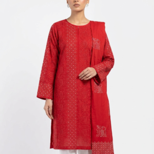 Crimson Red Handmade Appliqué Unstitched Lawn Suit for Women | Premium Pure Lawn Shirt with Embroidered Dupatta
