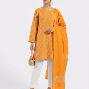 Vibrant Ochre Handmade Chikankari & Appliqué Work 2 Piece Unstitched Lawn Suit (Shirt & Dupatta)