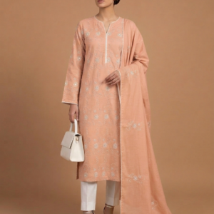 Powder Peach Handmade Chikankari Lawn Suit with Dupatta | 2 Piece Unstitched Embroidered Lawn Dress for Women
