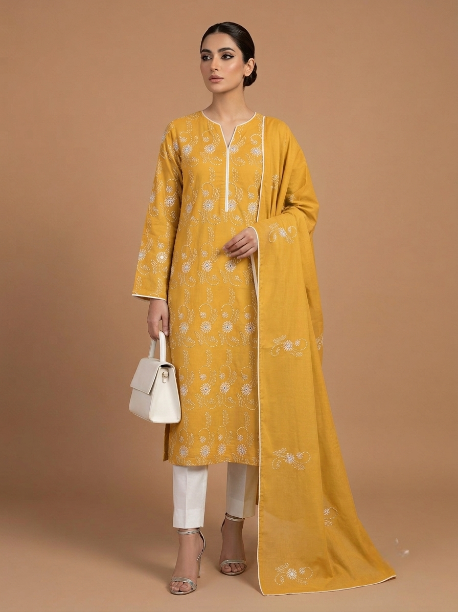 mustard-yellow-2-piece-handmade-embroidered-lawn-suit-with-dupatta-mini-shisha-french-knot-chikankari-premium-pure-lawn