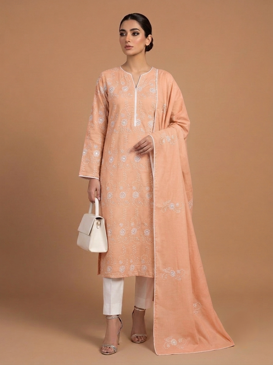 peach-handmade-chikankari-lawn-suit-with-dupatta-2-piece-embroidered-pure-lawn-dress-for-women