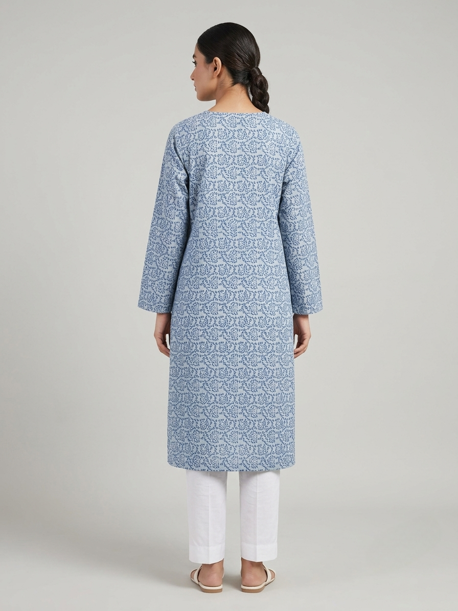 Sky Blue Handmade Block Printed Chikankari Kurta | Premium Pure Lawn Unstitched Shirt | Summer Collection - Image 2