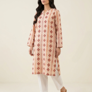 Beige Handmade Block Printed Chikankari Kurta | Premium Pure Lawn Unstitched Shirt | Orange & Magenta Accents | Summer Collection