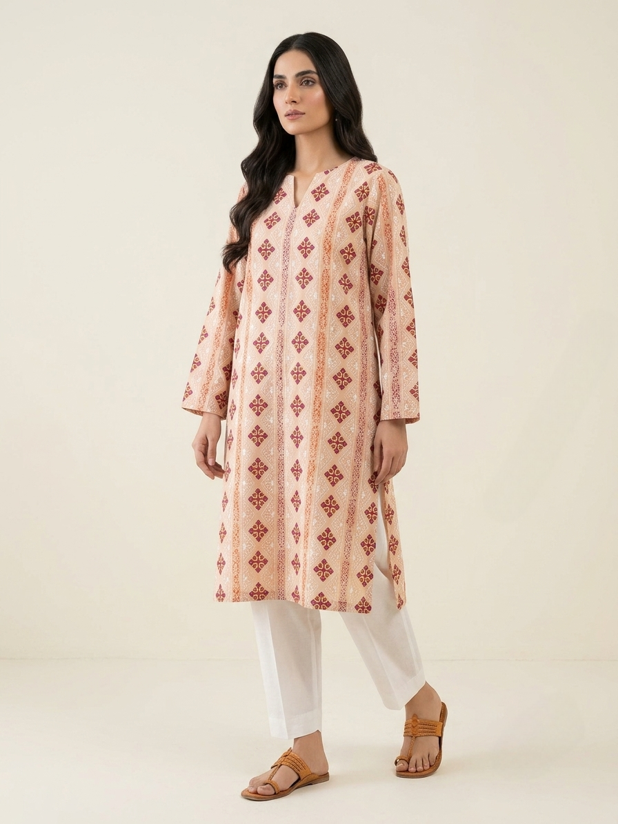 beige-handmade-block-printed-chikankari-kurta-premium-pure-lawn-unstitched-shirt-orange-magenta-accents-summer-collection