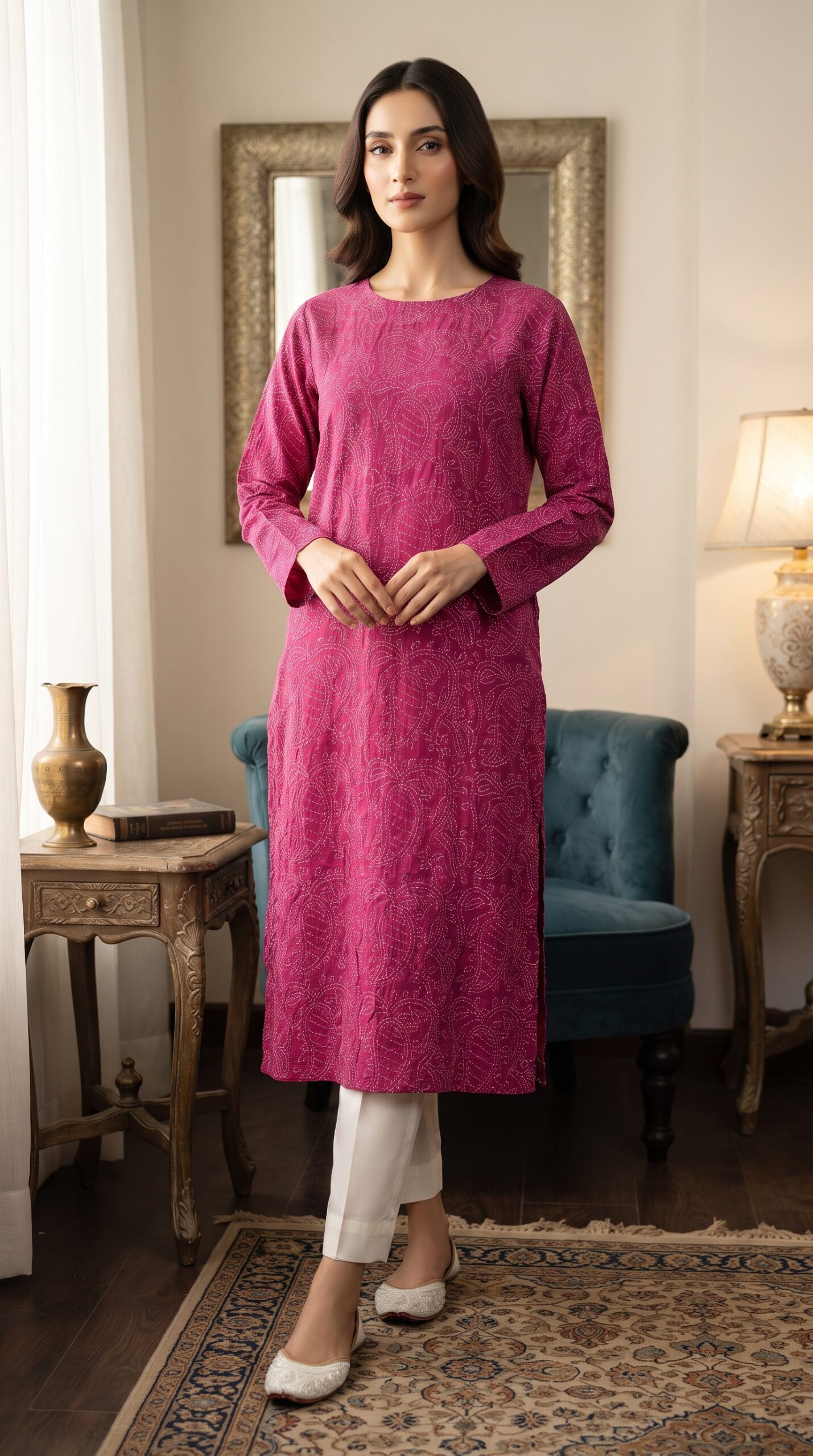 shocking-pink-handmade-chikankari-lawn-kurta-for-women-premium-embroidered-summer-lawn-shirt