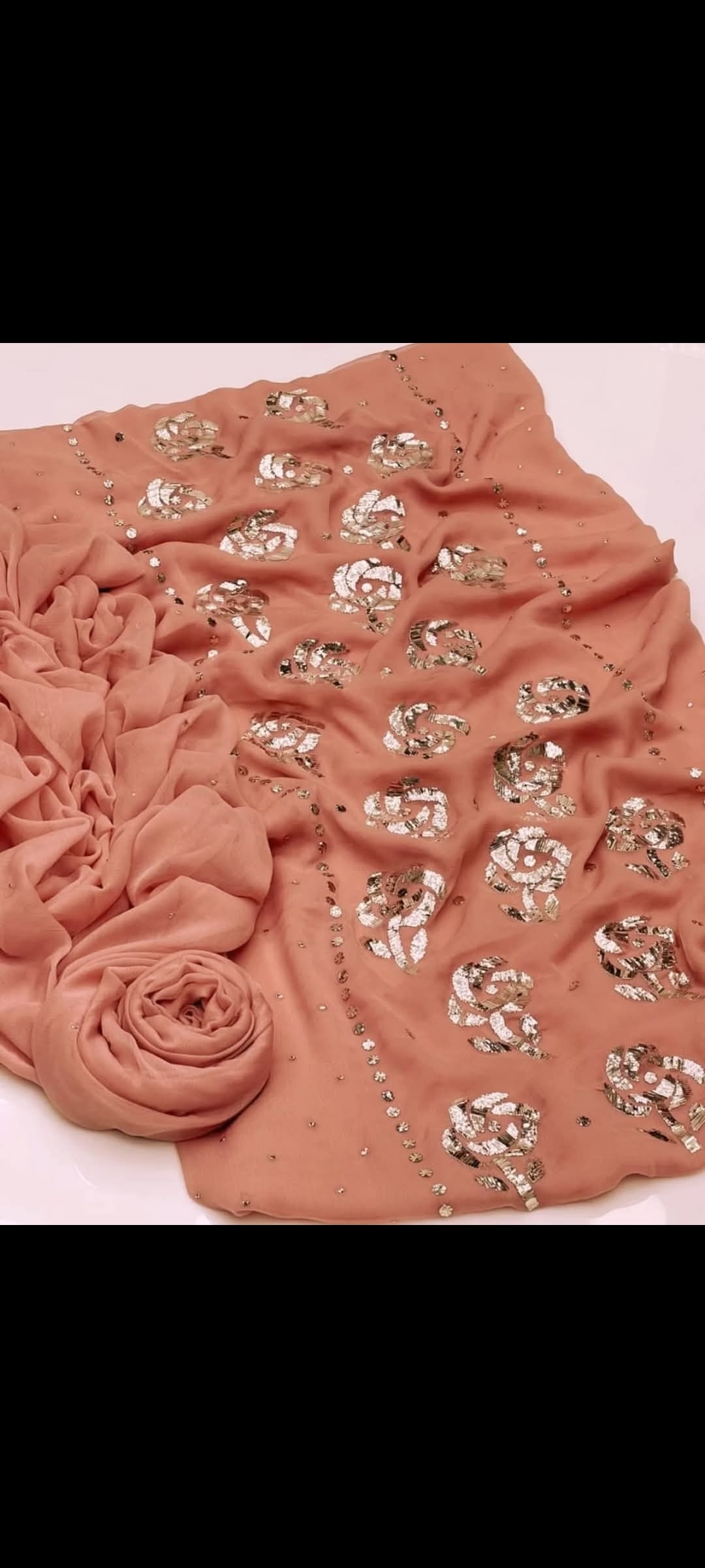 Rust Peach Mukesh Kamdani Shaffon Suit with Hand Embellishment | Kaar-e-Nakh - Image 2