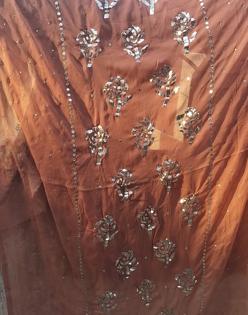 Rust Peach Mukesh Kamdani Shaffon Suit with Hand Embellishment | Kaar-e-Nakh - Image 3