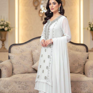 White Mukesh Kamdani Shaffon Suit with Hand Embellishment | Kaar-e-Nakh