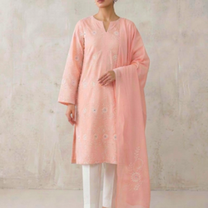 Powder Pink Handmade Embroidered Lawn Suit with Dupatta | 2 Piece Unstitched Lawn Dress for Women