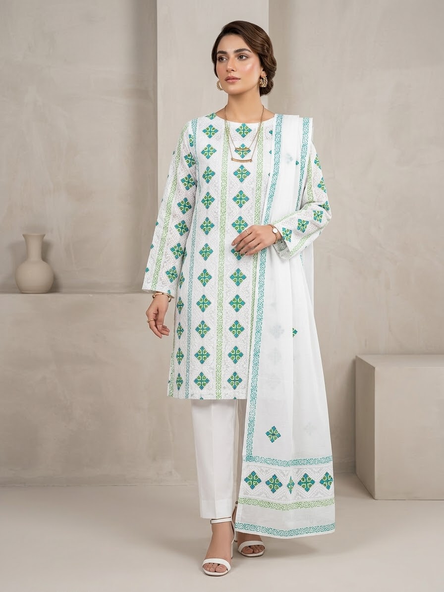 white-with-teal-green-lime-green-block-print-chikankari-pure-lawn-unstitched-suit-white-pure-lawn-dupatta
